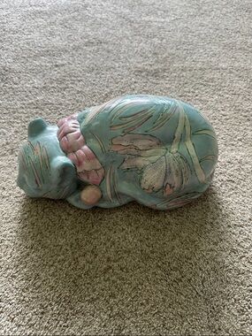 Vintage Decorative Pastel Ceramic Cat Figurine - Blue & Pink